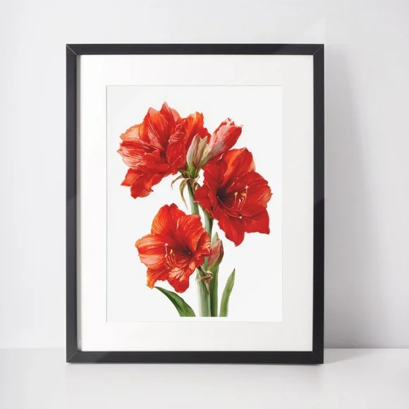 Watercolor Red Amaryllis Flower Bouquet Wall Art Print Poster, Unframed - Picture 3 of 5